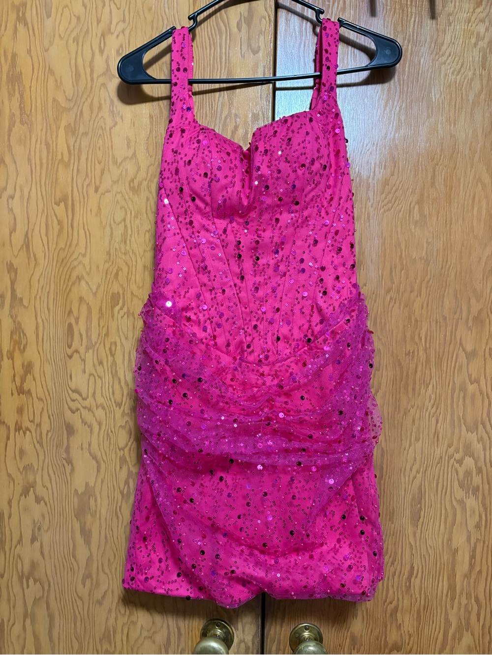 Sequin Ruched Mini Dress in Hot Pink